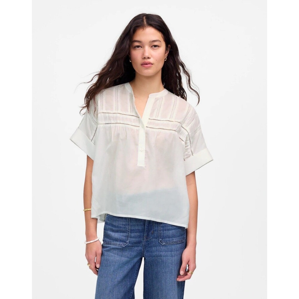 MADEWELL Lace-Inset Pintucked Henley Top S White Semi-Sheer Short Sleeve B85